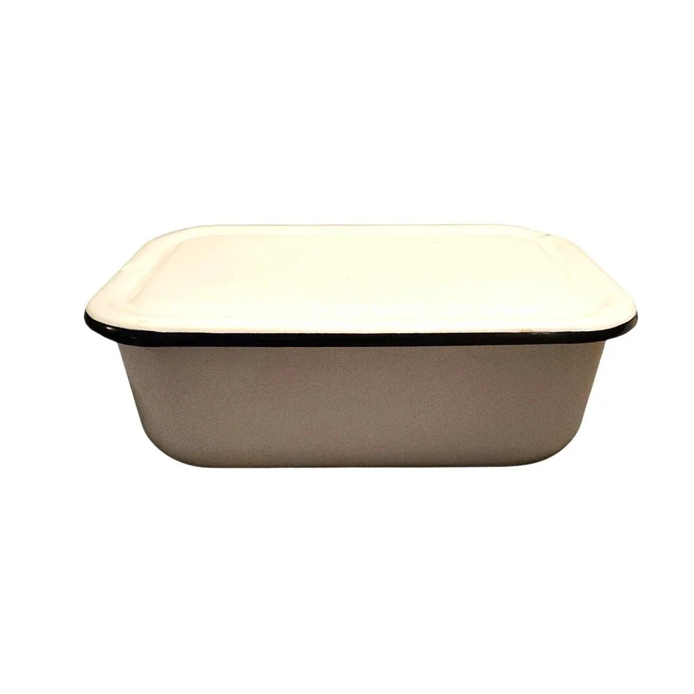 Vollrath Enameled Metal Refrigerator Box & Lid White w/ Blue Trim 12